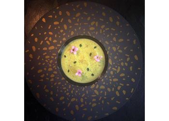 Velouté de courgettes de Grans à la Farigoule de Forcalquier, fleurs d'Oxalis et