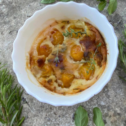 Wild Mirabelle plums clafoutis with thyme, lavender and Farigoule